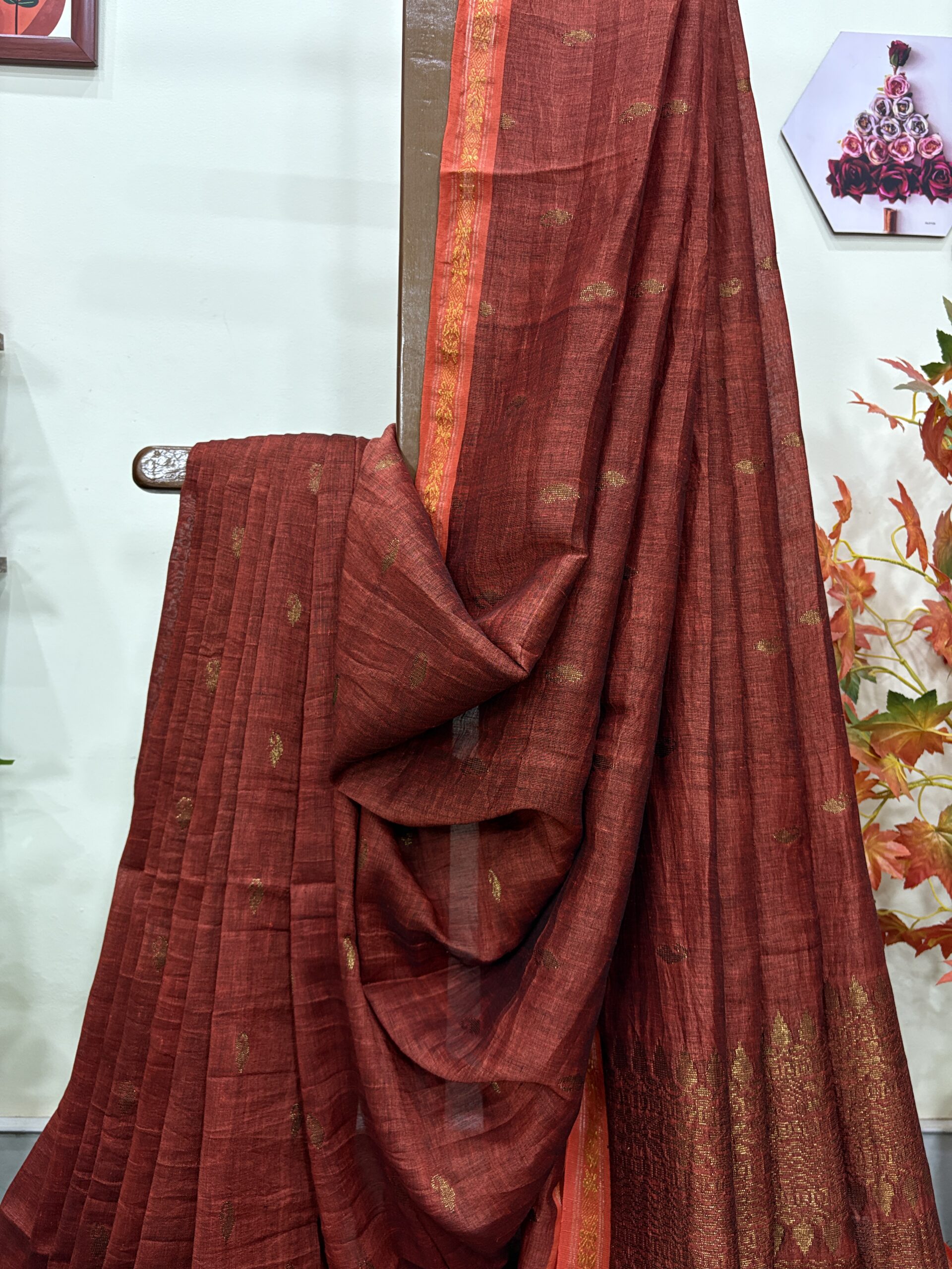 Rust Paisly Buta Organic Linen Jamdani Saree - Image 8