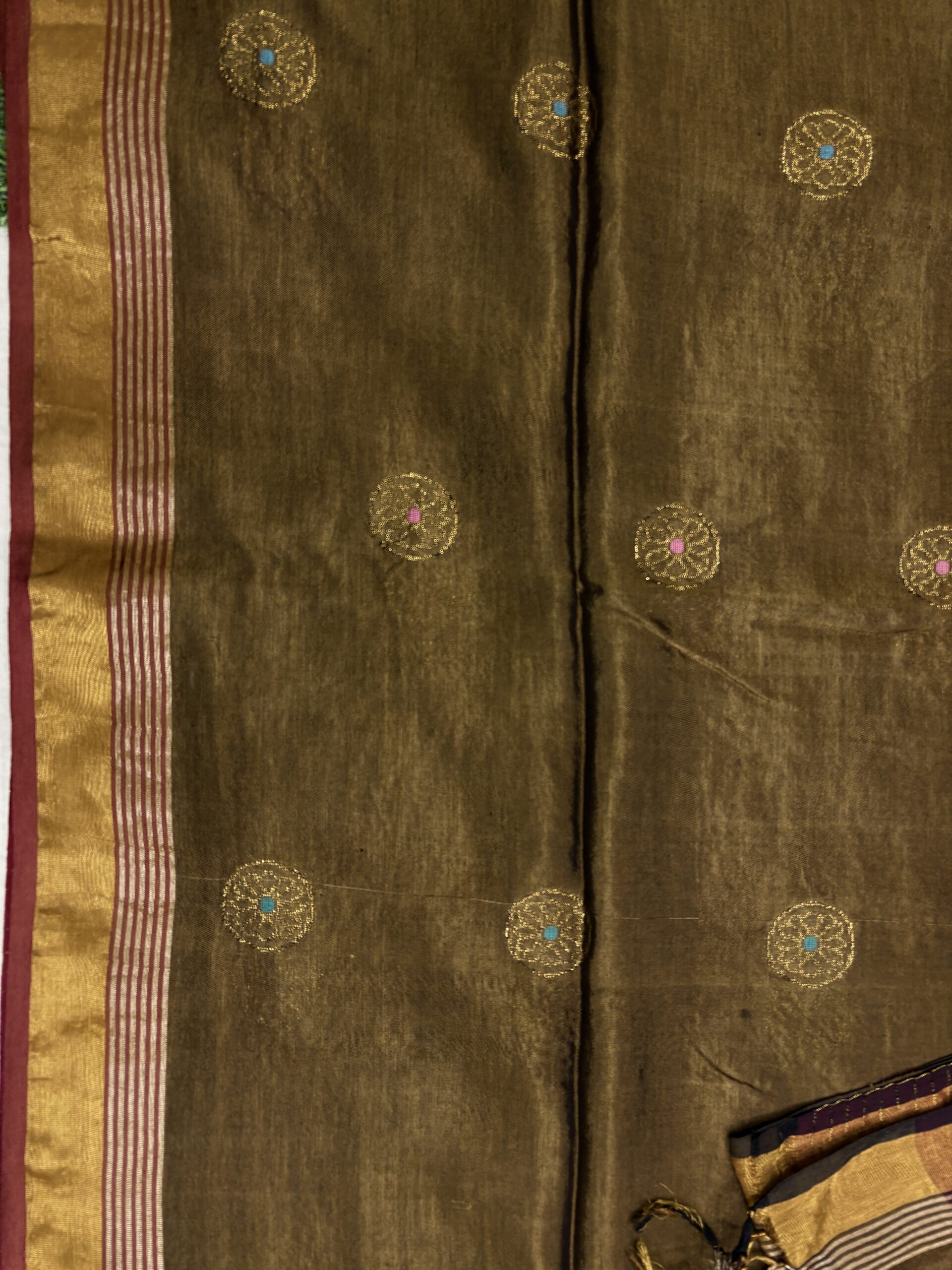Yellow Metal Katan Silk Jamdani Saree with Blouse Piece - Image 3