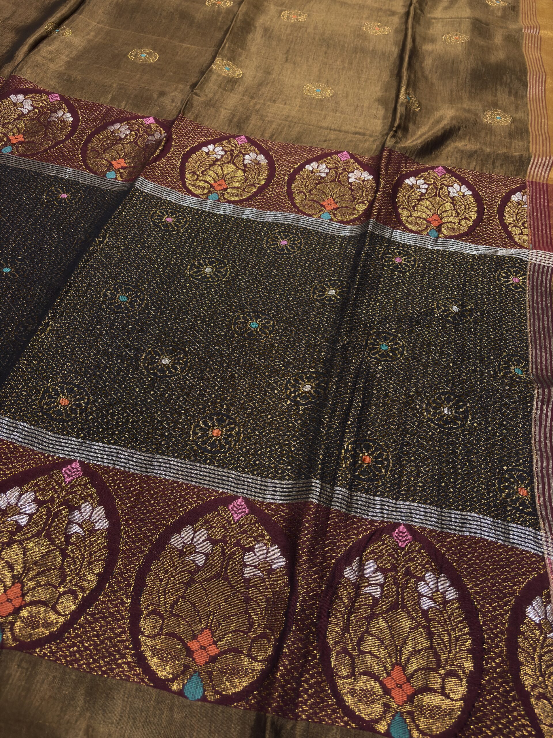 Yellow Metal Katan Silk Jamdani Saree with Blouse Piece - Image 8