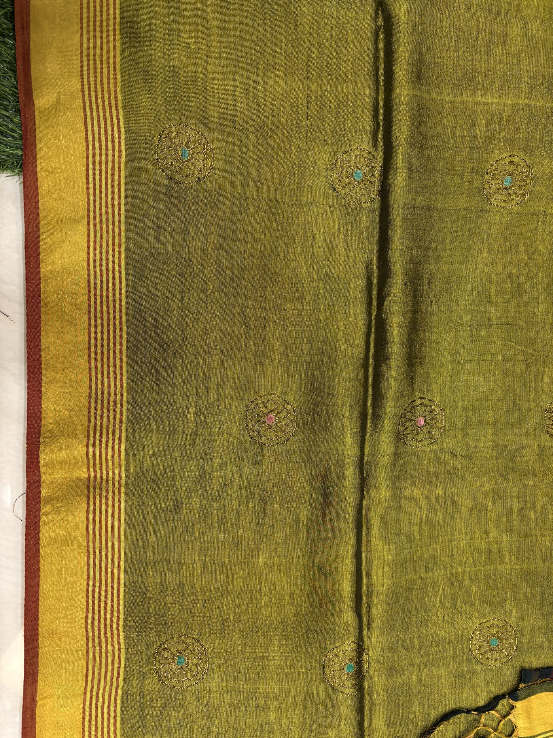 Lemon Ginger Katan Silk Jamdani Saree with Blouse Piece - Image 7