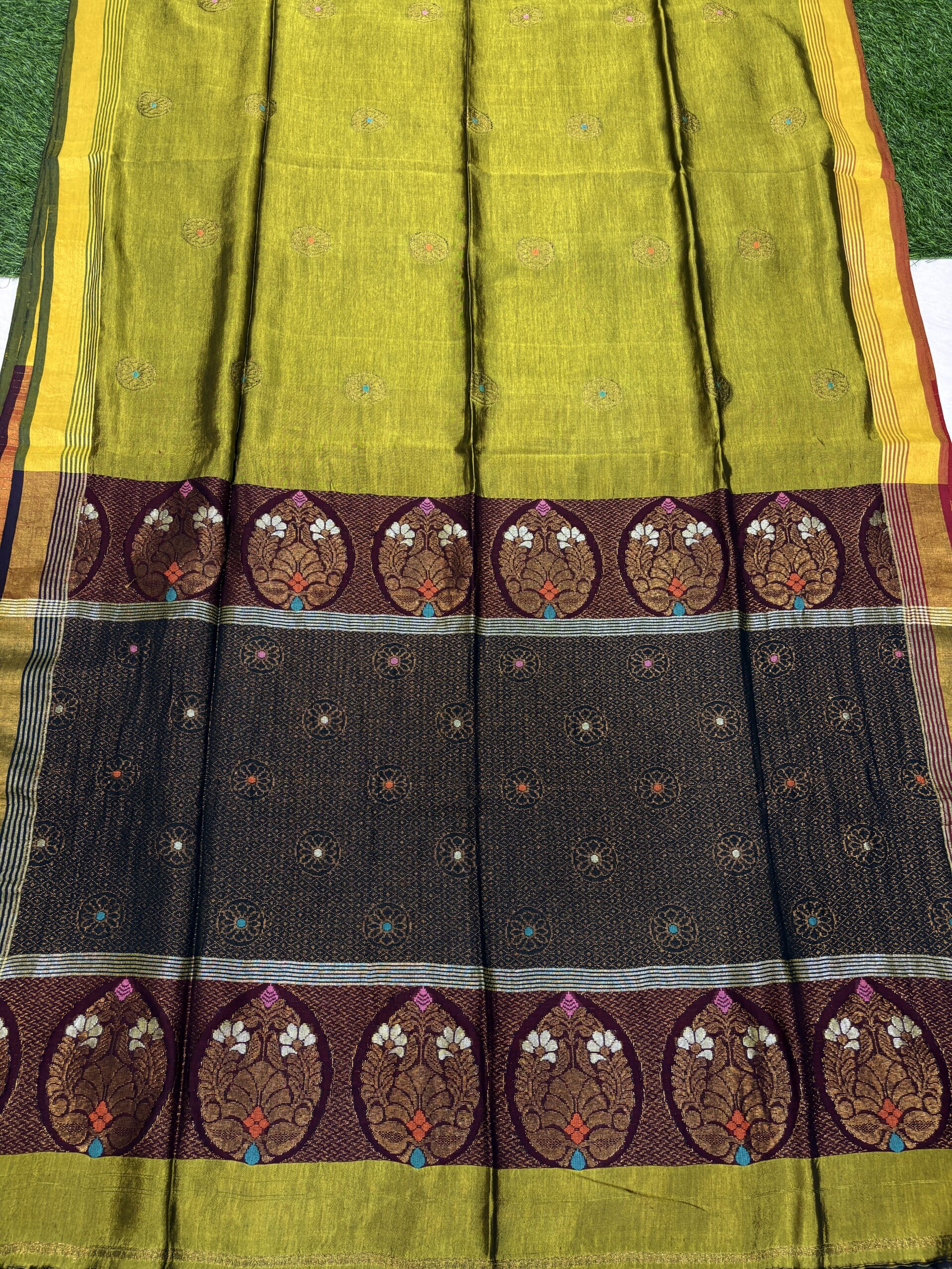 Lemon Ginger Katan Silk Jamdani Saree with Blouse Piece - Image 4