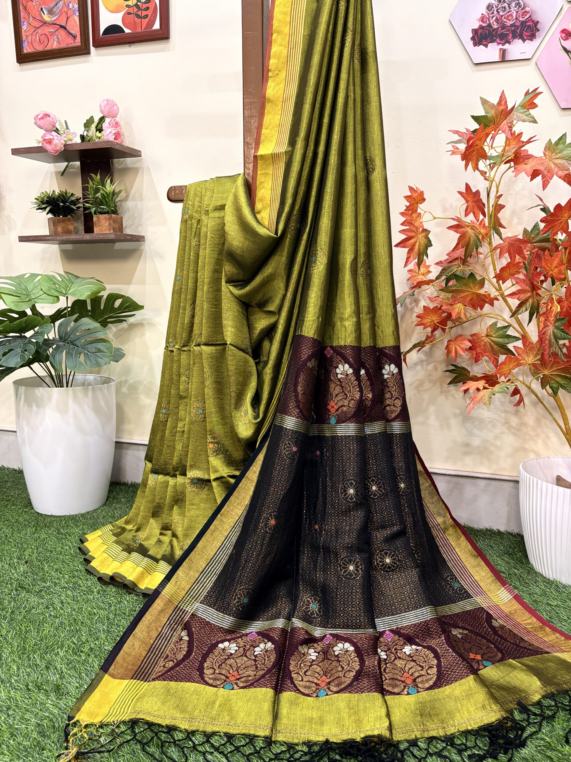 Lemon Ginger Katan Silk Jamdani Saree with Blouse Piece - Image 2
