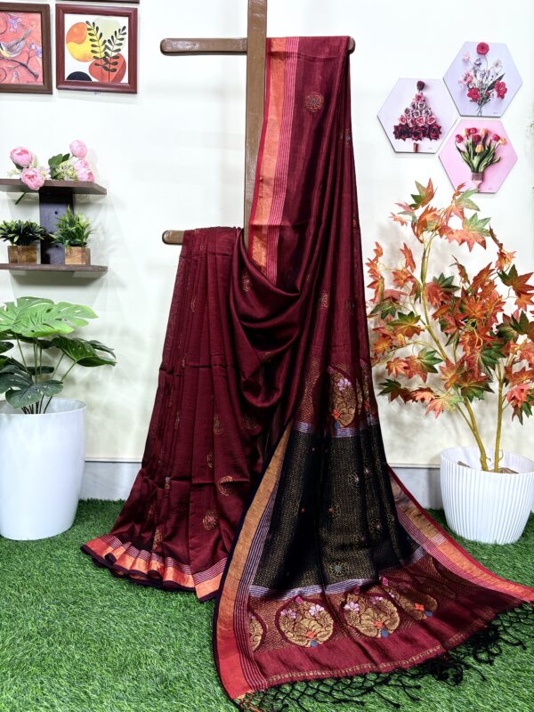 Maroon Katan Silk Jamdani Saree with Blouse Piece