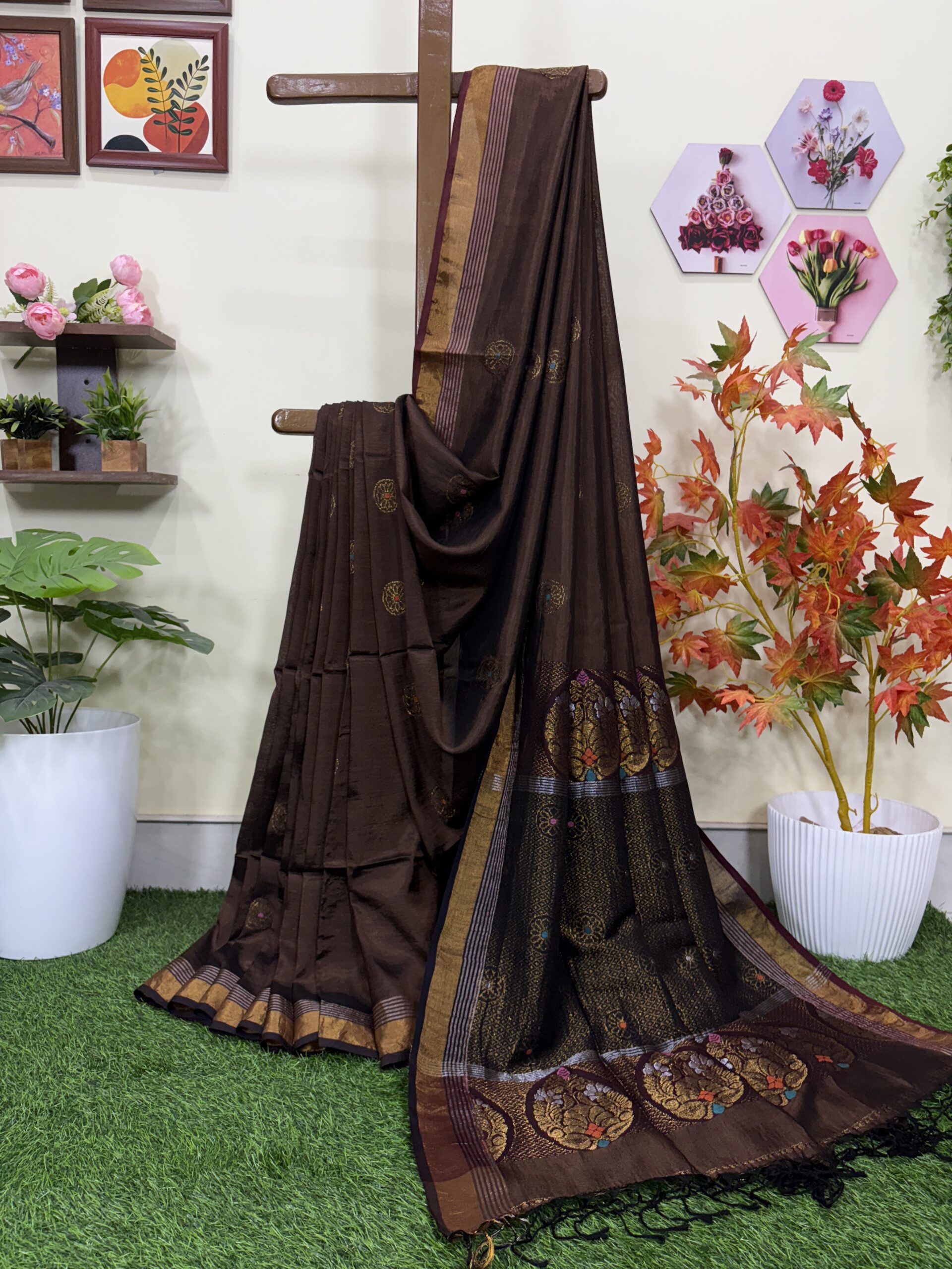 Brown Katan Silk Jamdani Saree with Blouse Piece