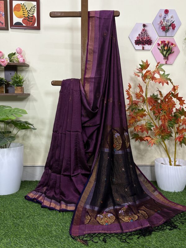 Wine Katan Silk Jamdani Saree with Blouse Piece