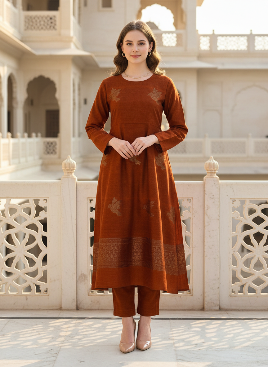 Rust Premuium Mulmul Cotton Bird jamdani Coord Suit Set