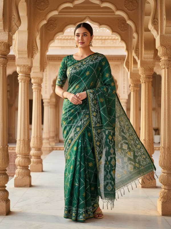 Bottle Green Handloom Resham Matka Allover Jamdani saree