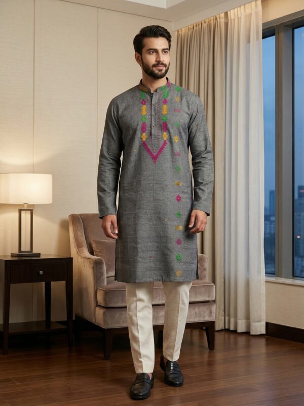 Gray Handloom Premuium Cotton Jamdani Panjabi for Men