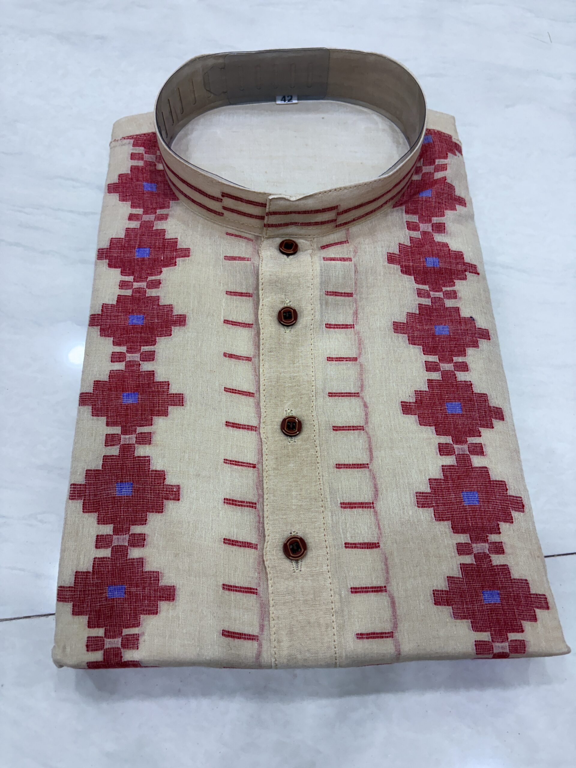 Beige Handloom Premuium Cotton Jamdani Panjabi for Men - Image 2