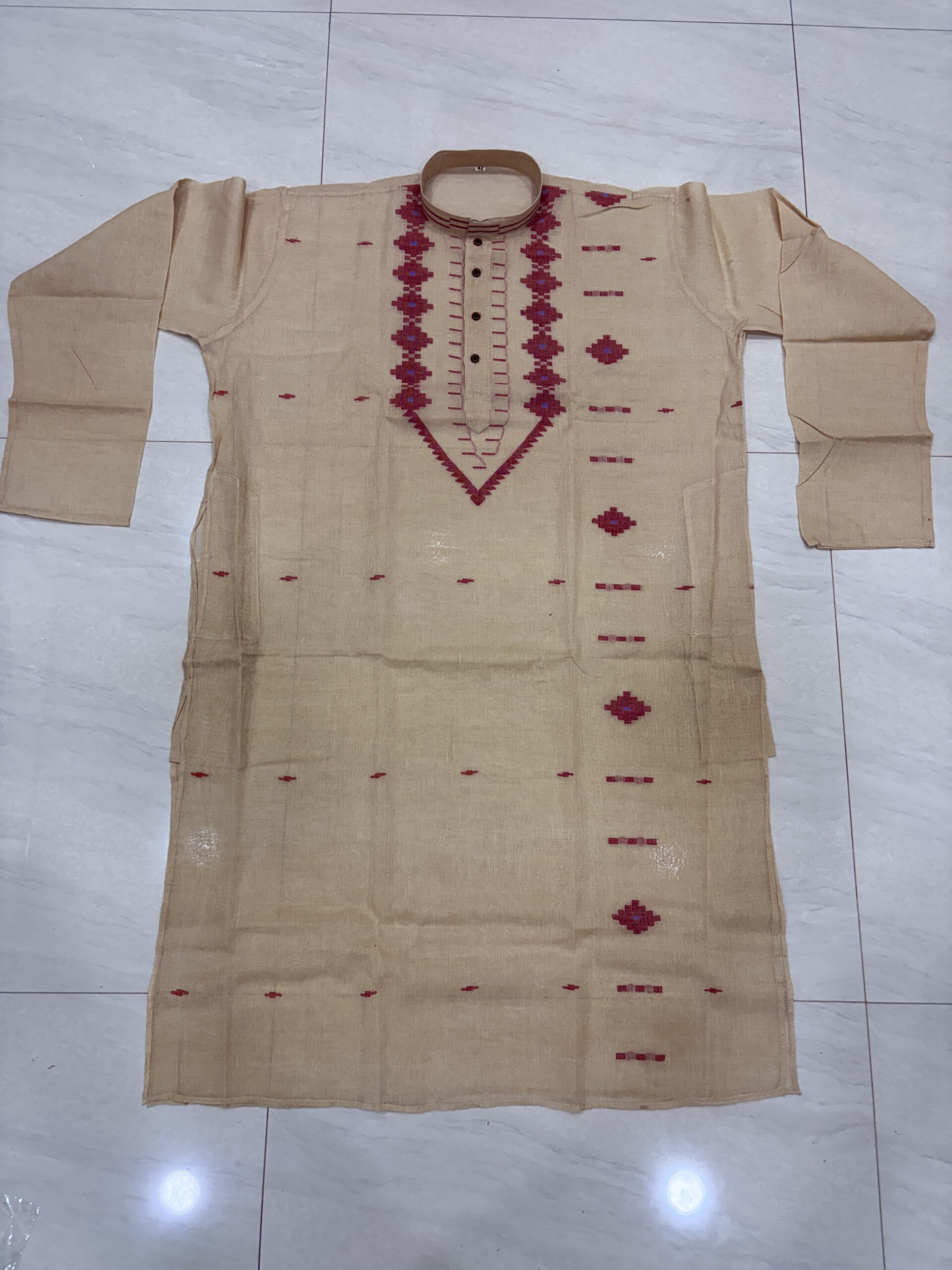 Beige Handloom Premuium Cotton Jamdani Panjabi for Men - Image 3