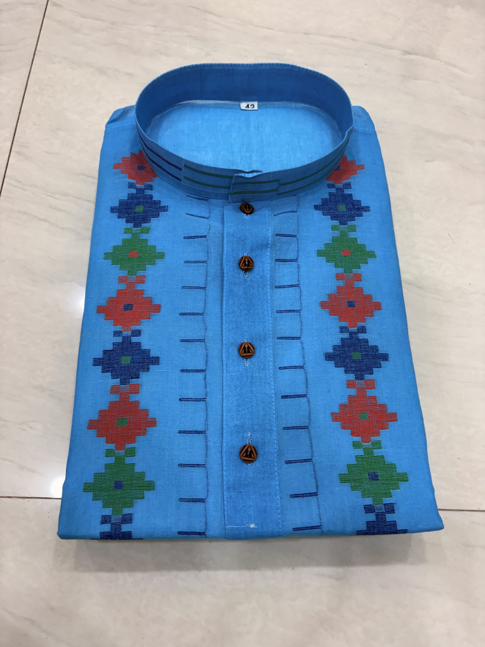 Light Blue Handloom Premuium Cotton Jamdani Panjabi for Men - Image 2