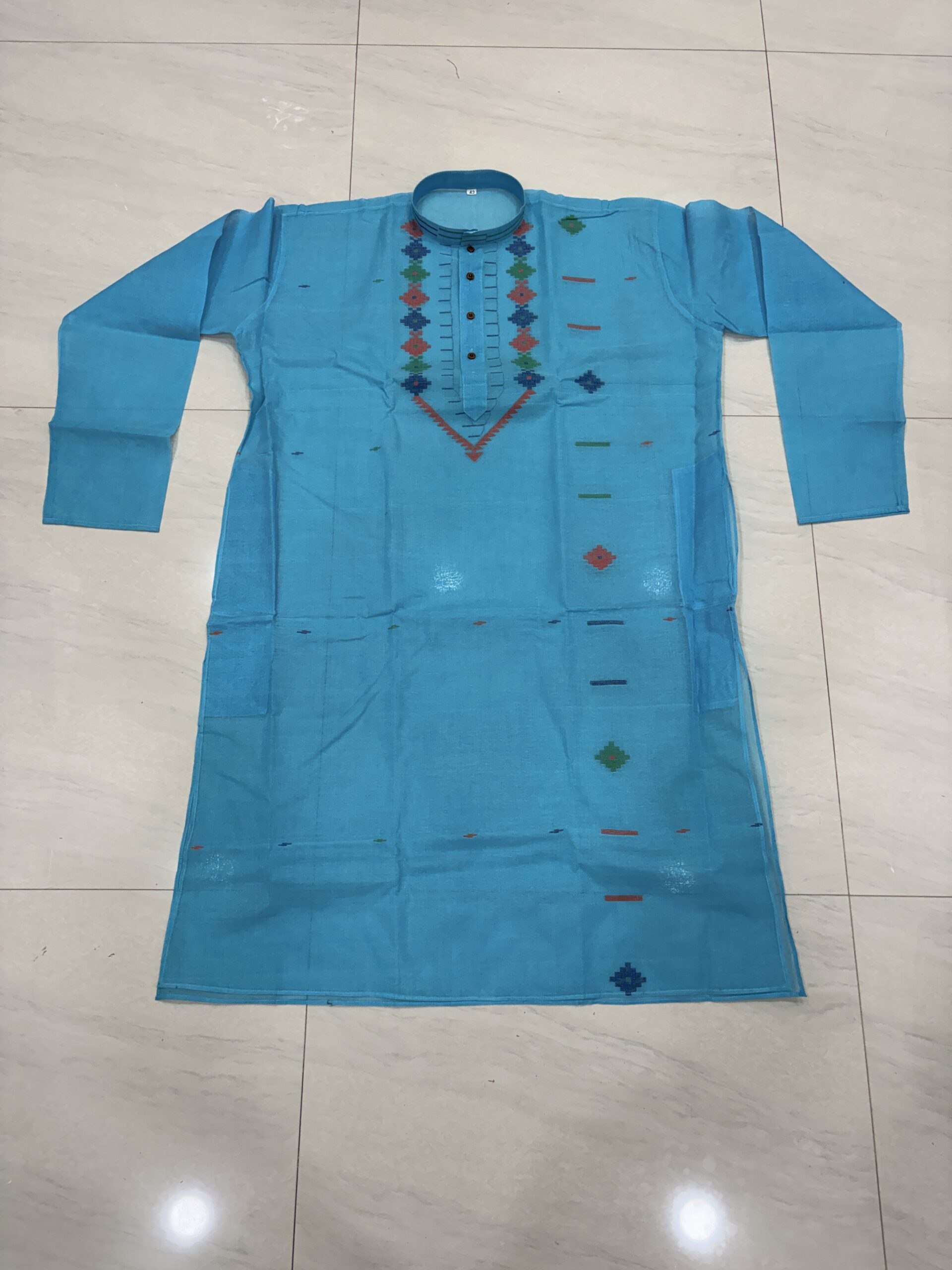 Light Blue Handloom Premuium Cotton Jamdani Panjabi for Men - Image 3