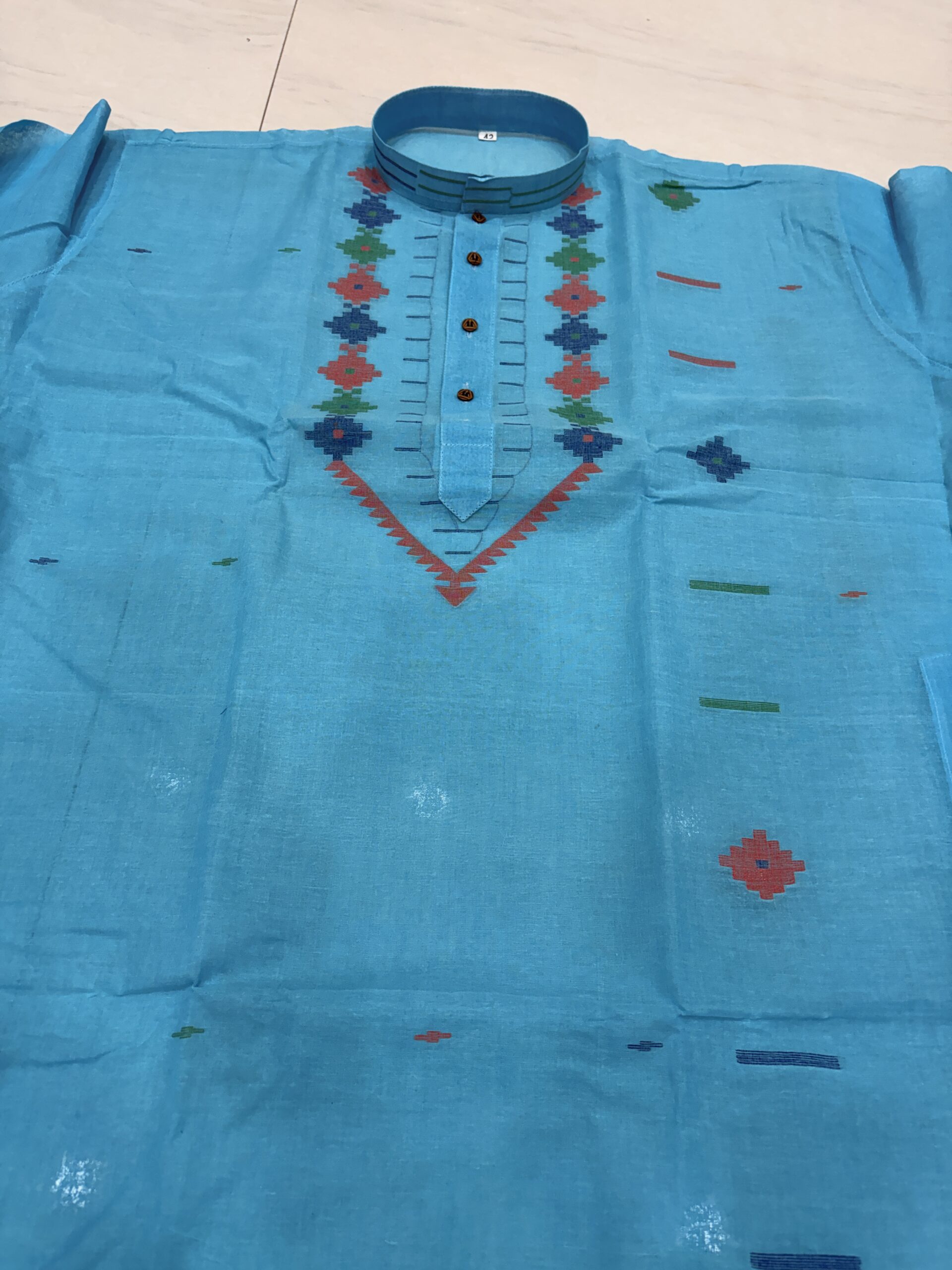 Light Blue Handloom Premuium Cotton Jamdani Panjabi for Men - Image 4