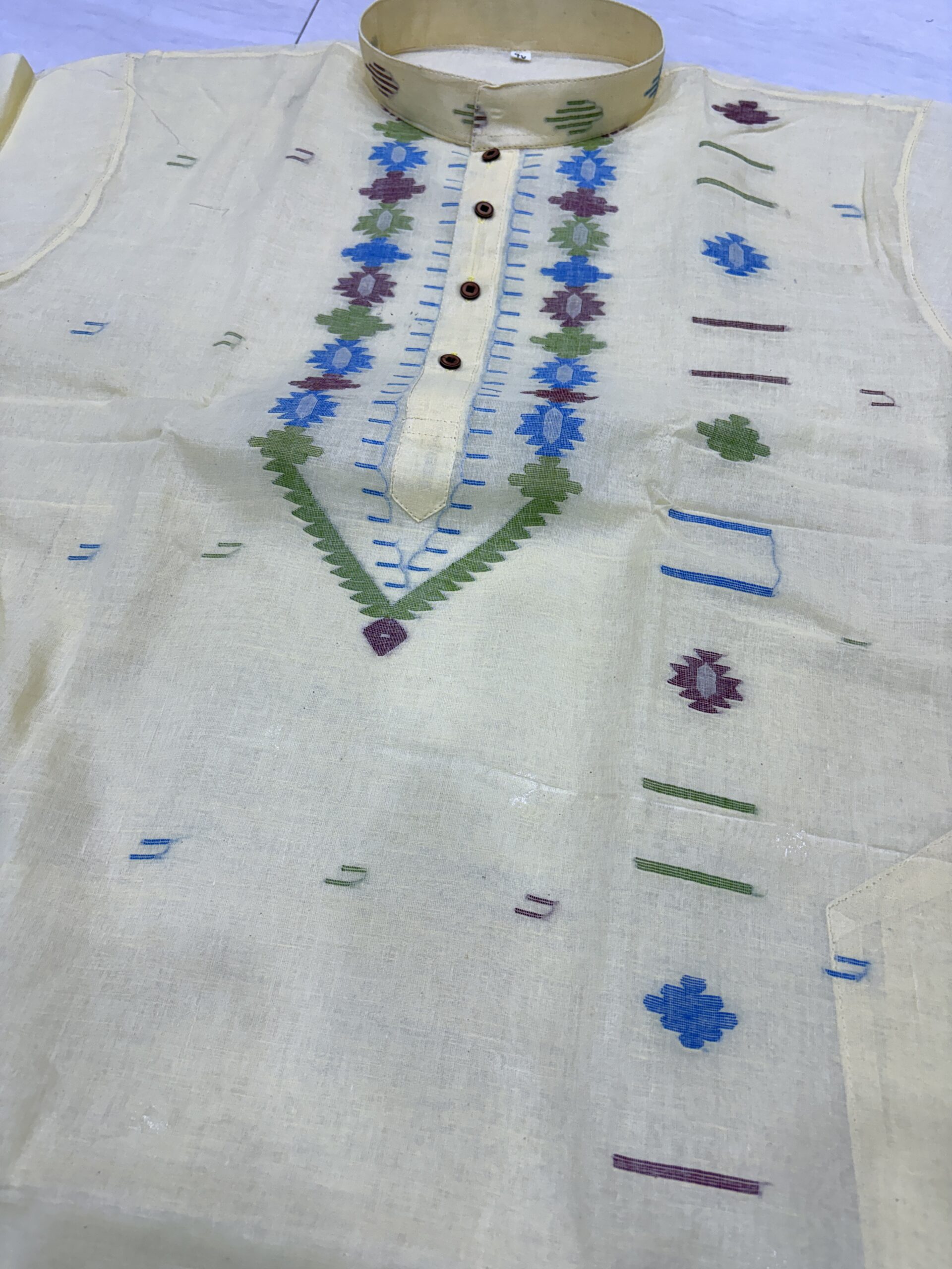 Cream Handloom Premuium Cotton Jamdani Panjabi for Men - Image 4
