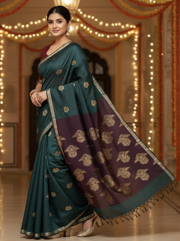 Dark Bottle Green Handloom Cotton Khadi Jamdani Saree