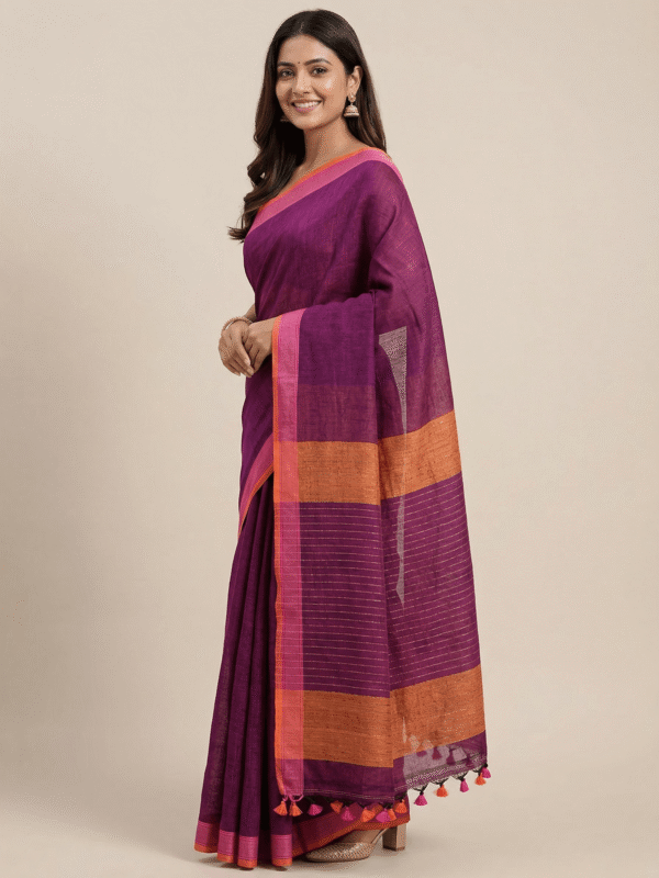 Beetroot Pure Linen Plain Saree