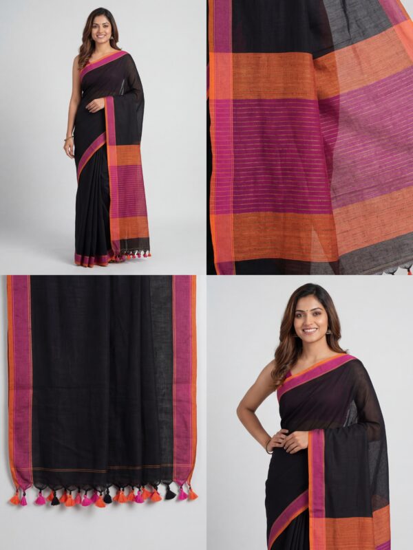Black Pure Linen Plain Saree