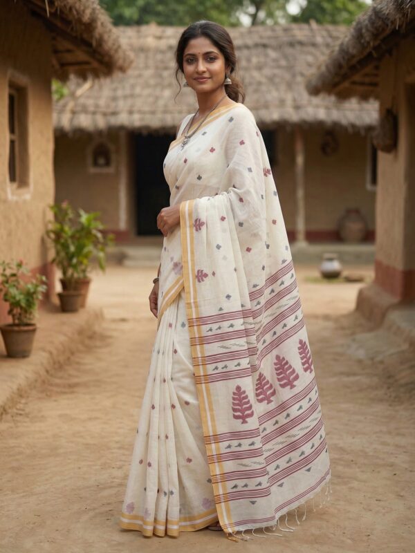 Off White Handloom Khadi Cotton Dhakai Jamdani Saree