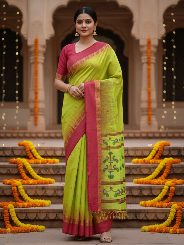 Android Green Handloom Cotton Khadi Ikkat Jamdani Saree
