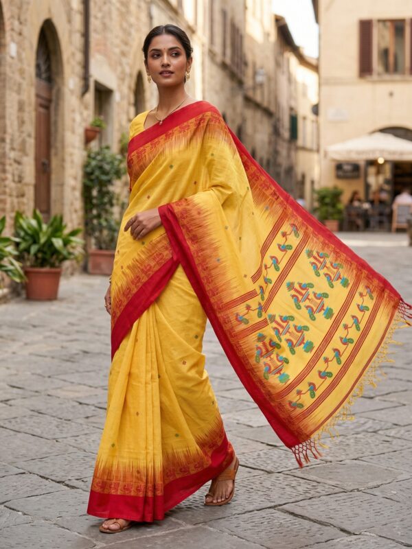 Dull Yellow Handloom Cotton Khhadi Ikkat Jamdani Saree