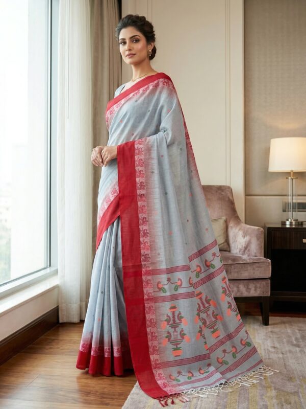 Light Gray Handloom Cotton Khadi Ikkat Jamdani Saree