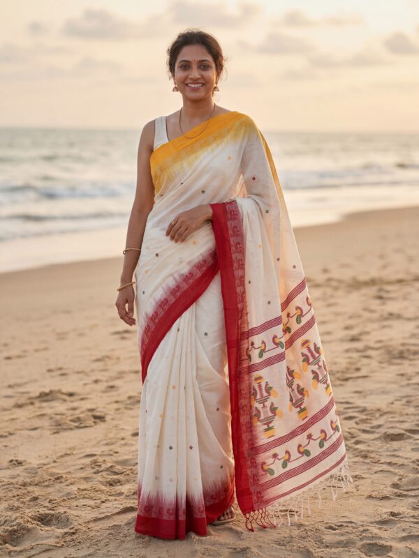 Off-White Handloom Cotton Khadi Ikkat Jamdani Saree