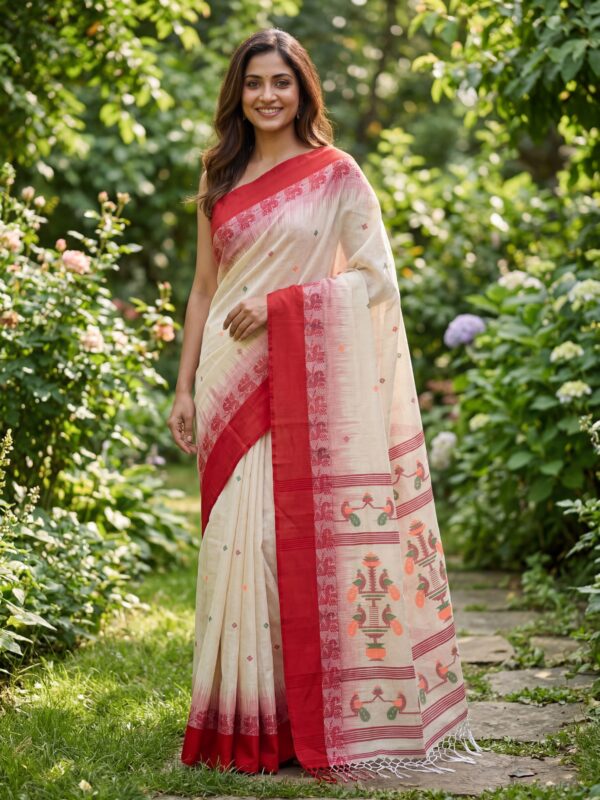Cream Handloom Cotton Khadi Ikkat Jamdani Saree