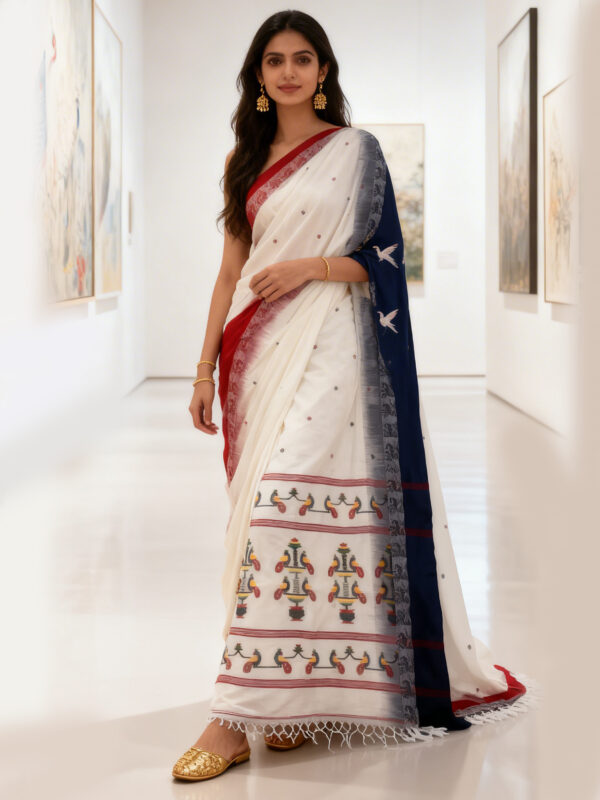 Off-White Handloom Cotton Khadi Ikkat Jamdani Saree