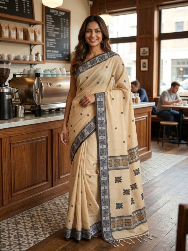 Beige Handloom Cotton Khadi Jamdani Saree