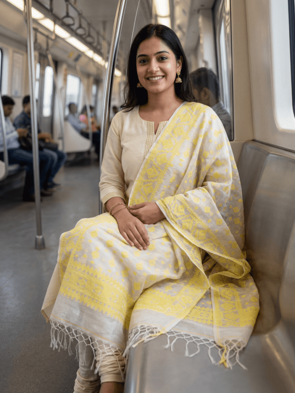 Light Yellow Work Premuium Mulmul Cotton Dhakai Jamdani Dupatta