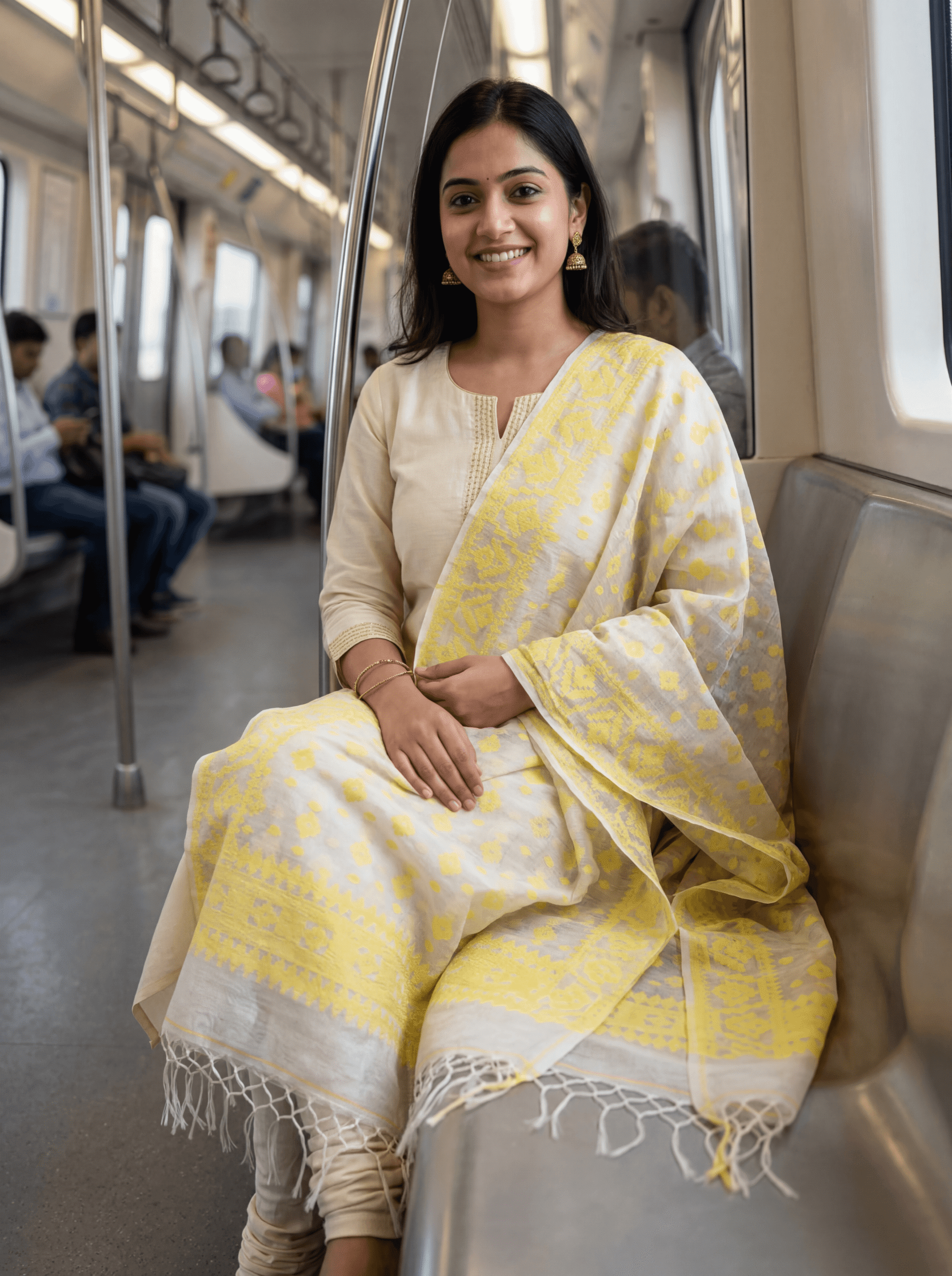 Light Yellow Work Premuium Mulmul Cotton Dhakai Jamdani Dupatta