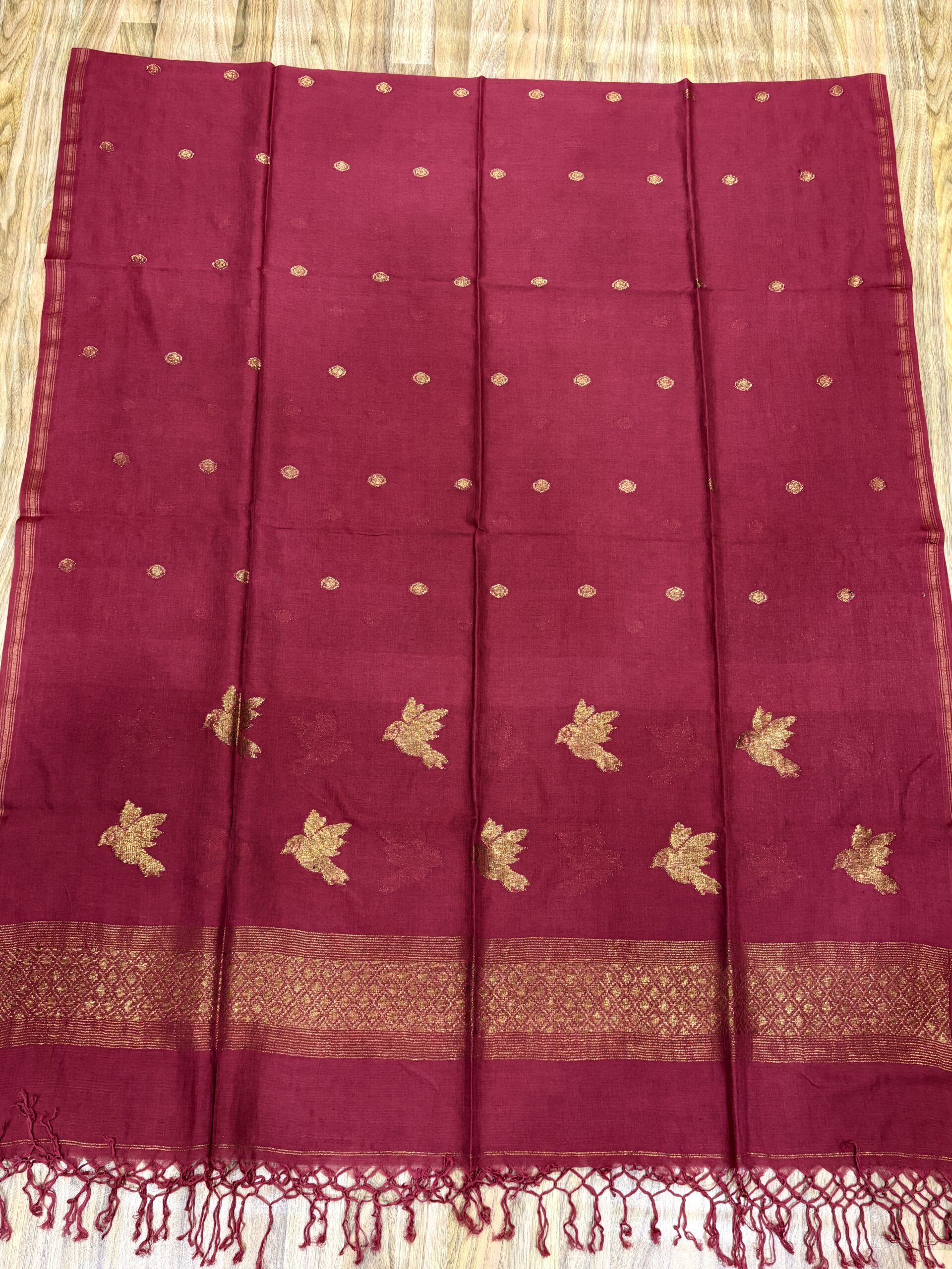 Maroon with Antique Zari Premuium Mulmul Cotton Bird Jamdani Dupatta - Image 2