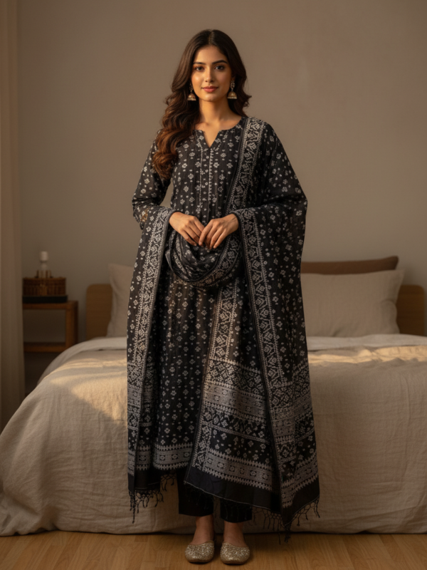 Black Premuium Mulmul Cotton Dhakai Jamdani Dupatta