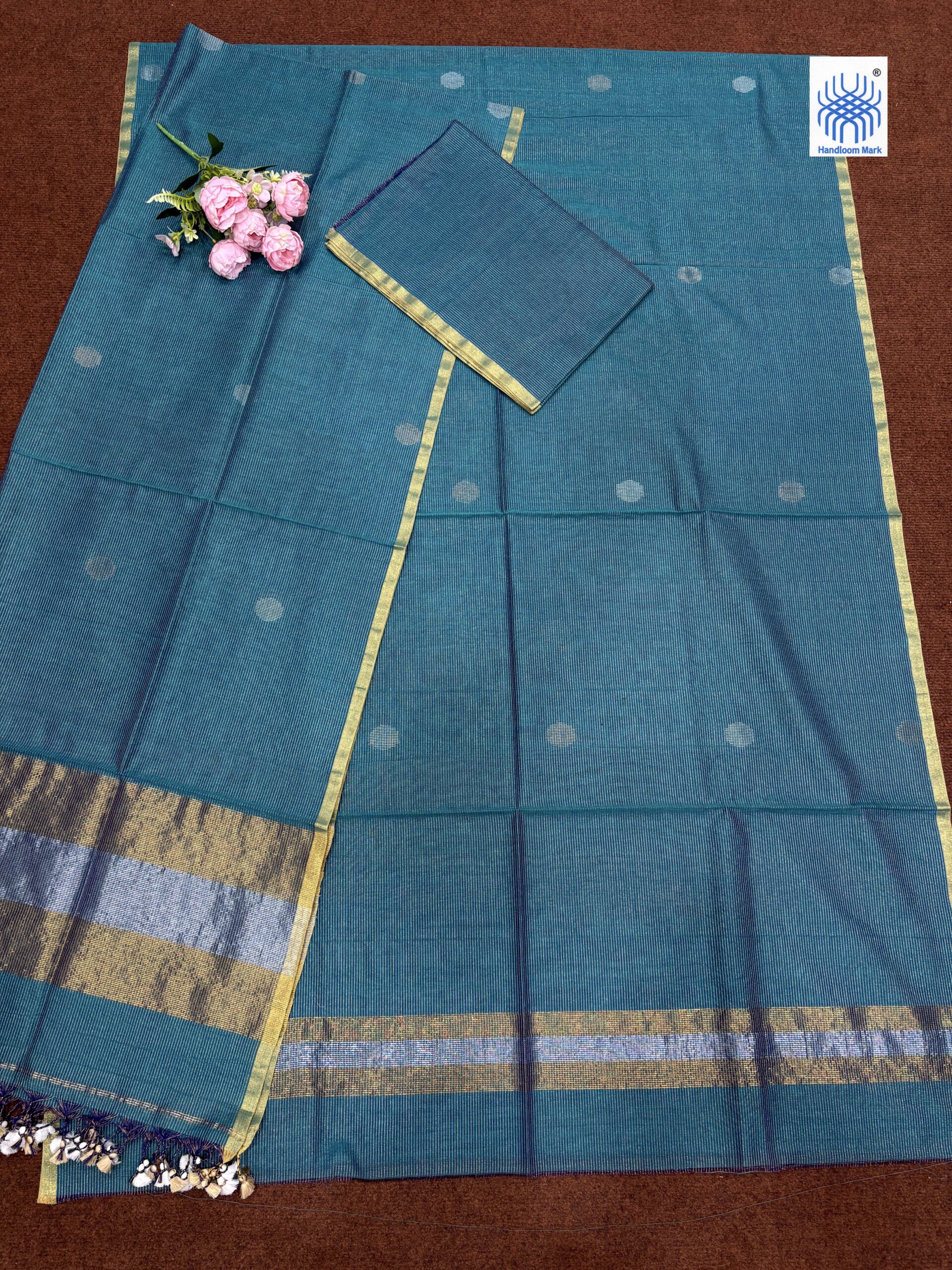 Light Firozi Zari Stripe Mercerized Cotton Unstitched Salwar Suit Set - Image 2