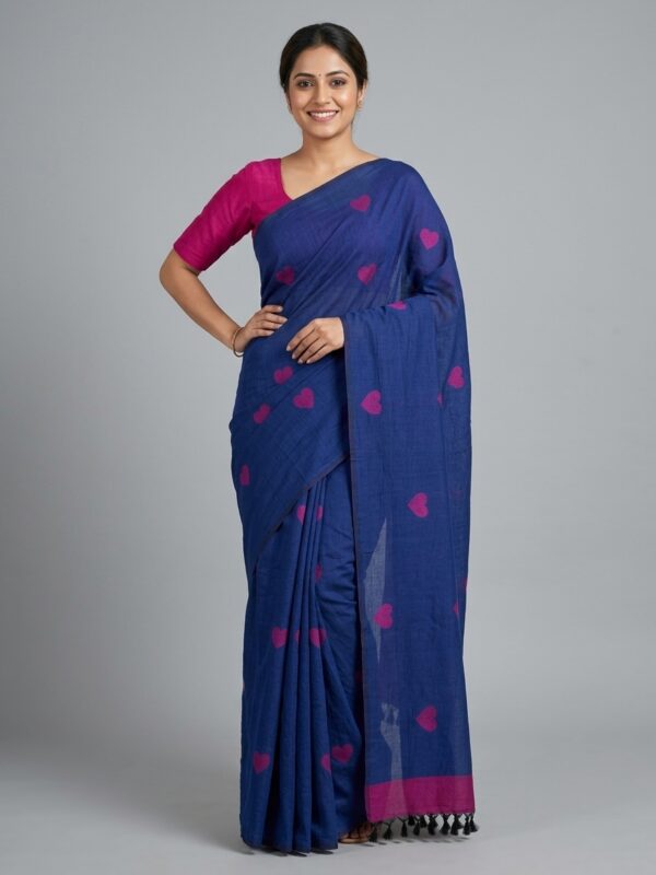 Blue Handloom Mulmul Cotton Heart Jamdani Saree