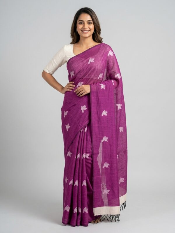 Magenta Handloom Mulmul Cotton Bird Jamdani Saree