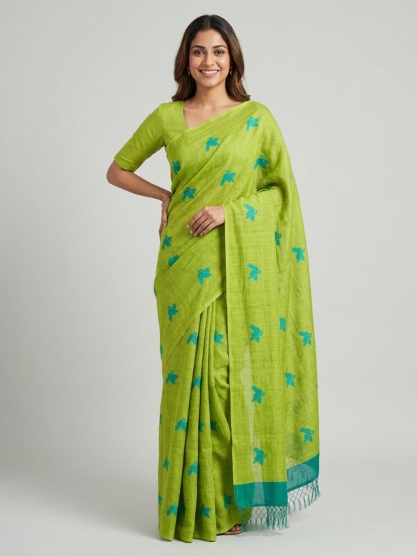 Lemon Green Handloom Mulmul Cotton Bird Jamdani Saree