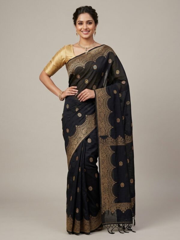 Black Handloom Premium Soft Cotton Silk Party Wear Jamdani Saree with Blouse Piece