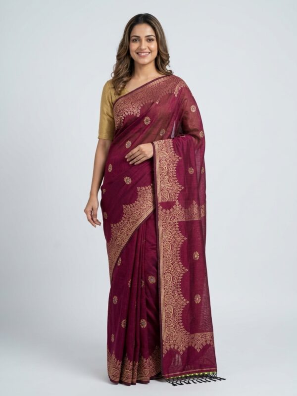 Maroon Handloom Premium Soft Cotton Silk Party Wear Jamdani Saree with Blouse Piece