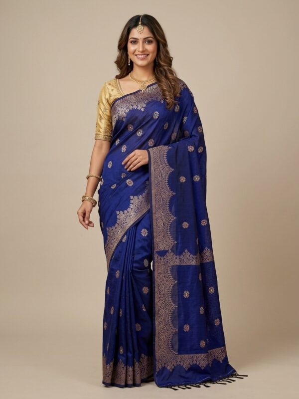 Navy Blue Handloom Premium Soft Cotton Silk Party Wear Jamdani Saree with Blouse Piece