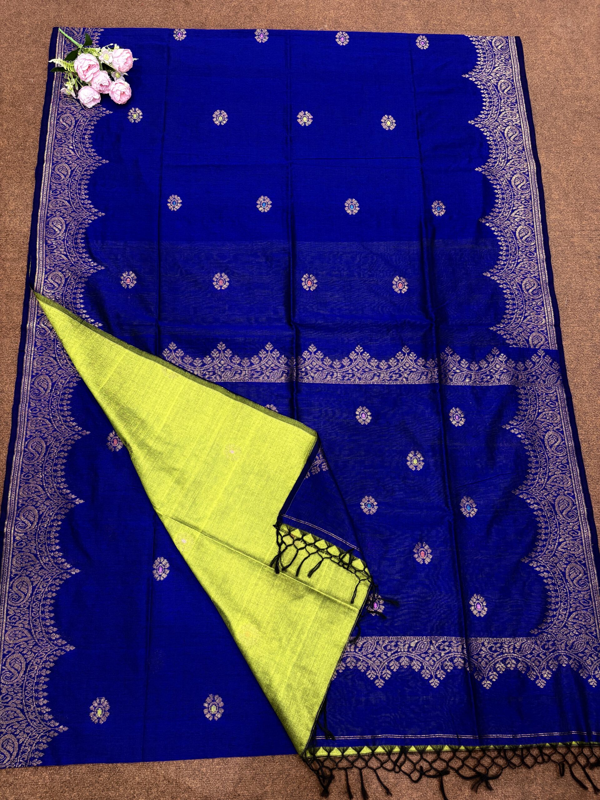 Navy Blue Handloom Premium Soft Cotton Silk Party Wear Jamdani Saree with Blouse Piece - Image 2