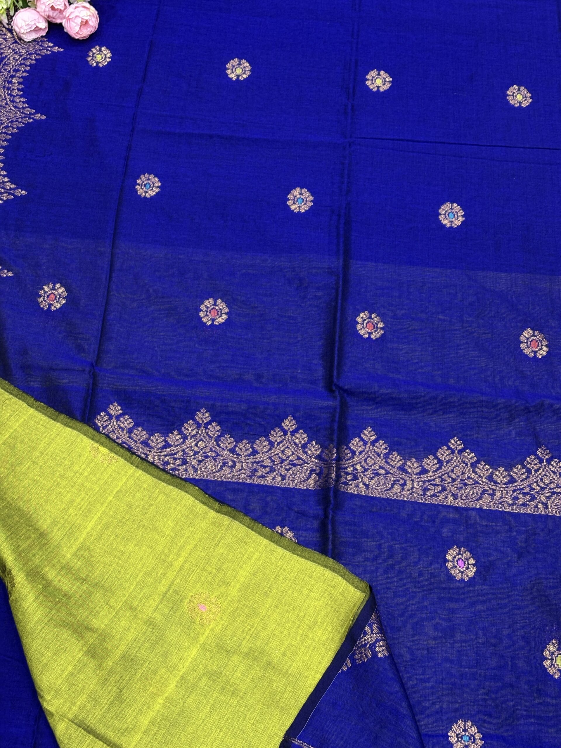 Navy Blue Handloom Premium Soft Cotton Silk Party Wear Jamdani Saree with Blouse Piece - Image 3