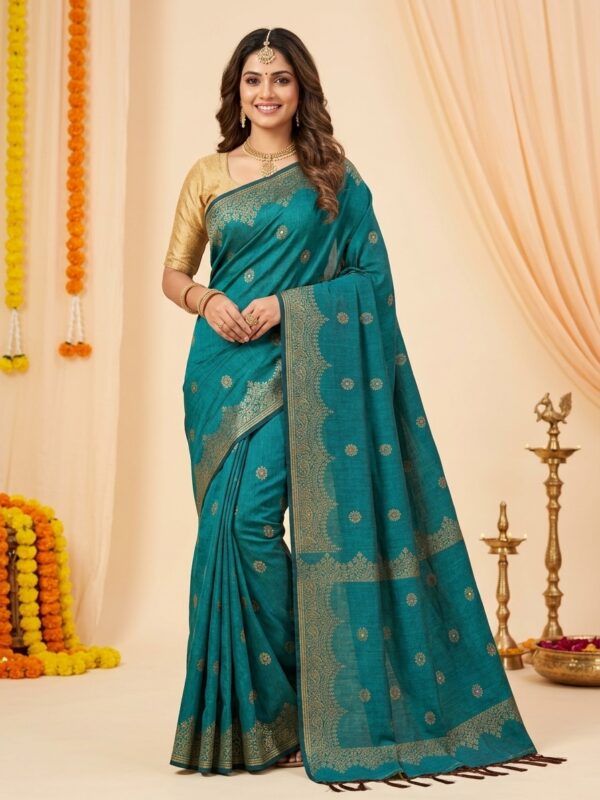 Firozi Green Handloom Premium Soft Cotton Silk Party Wear Jamdani Saree with Blouse Piece