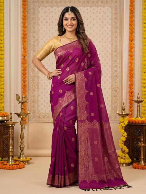 Beetroot Handloom Premium Soft Cotton Silk Party Wear Jamdani Saree with Blouse Piece