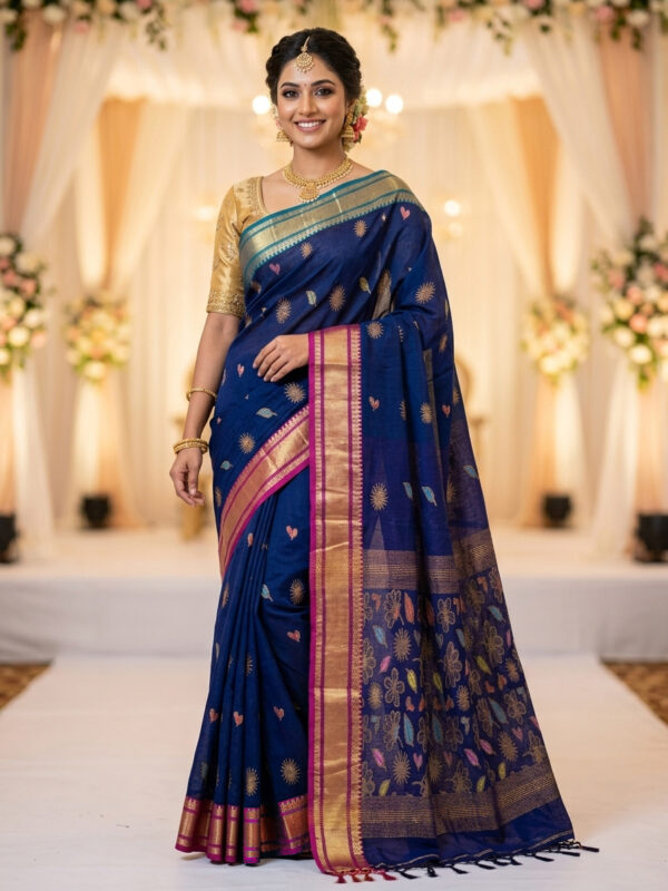 Navy Blue Handloom Premium Soft Cotton Silk Party Wear Jamdani Saree with Blouse Piece