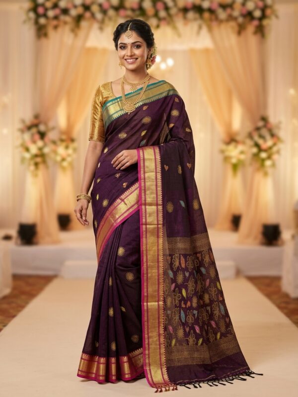 Chocolate Handloom Premium Soft Cotton Silk Party Wear Jamdani Saree with Blouse Piece