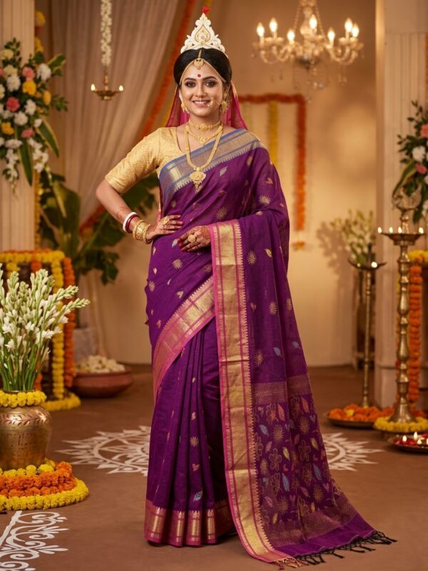 Wine Handloom Premium Soft Cotton Silk Party Wear Jamdani Saree with Blouse Piece
