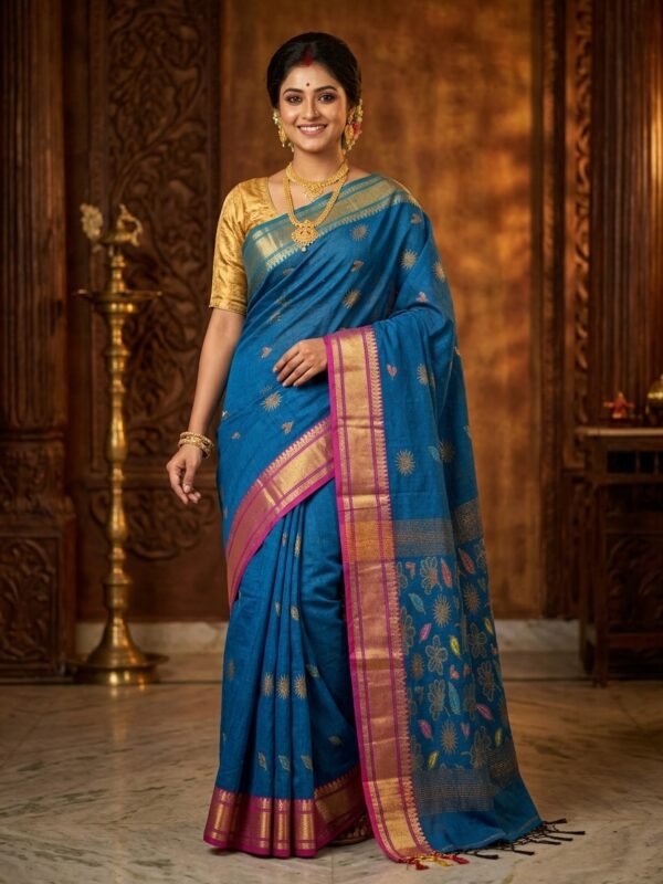 Greenish Blue Handloom Premium Soft Cotton Silk Party Wear Jamdani Saree with Blouse Piece