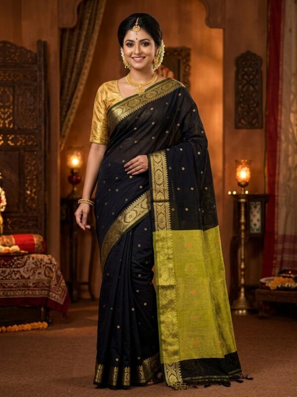 Black Handloom Premium Soft Cotton Silk Party Wear Jamdani Saree with Blouse Piece