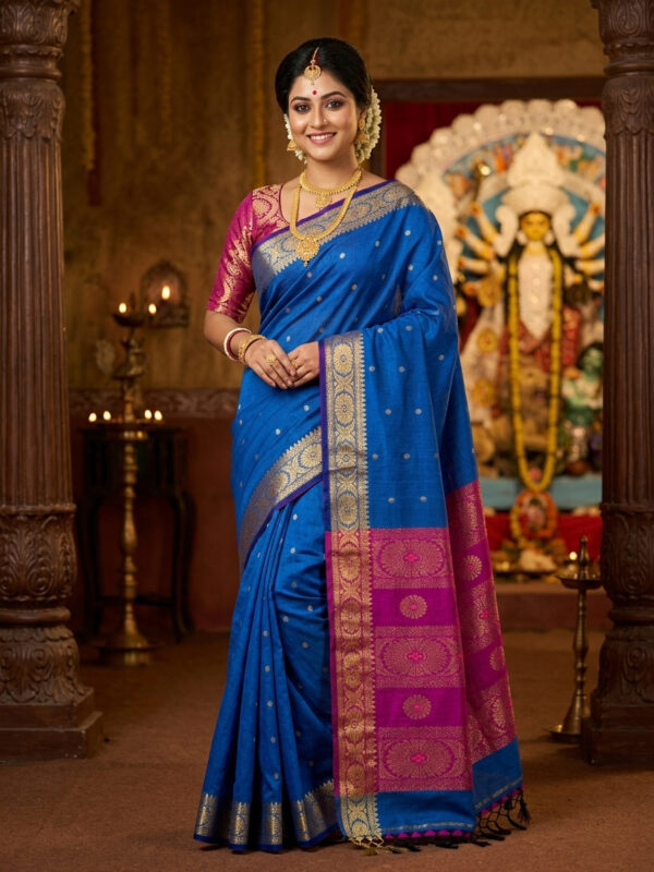 Blue Handloom Premium Soft Cotton Silk Party Wear Jamdani Saree with Blouse Piece